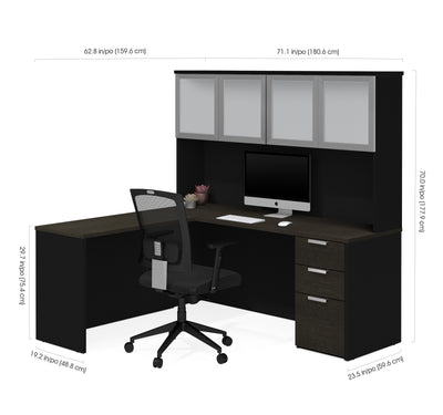 71" x 62" L-Shaped Desk with Hutch in Deep Gray and Black