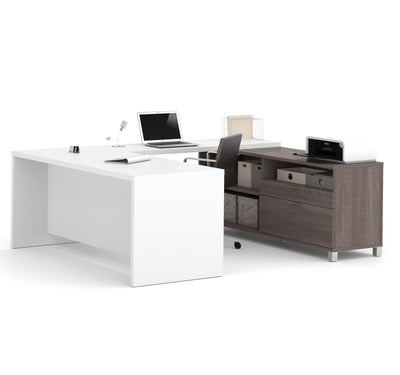 White & Bark Gray Modern U-shaped Desk with Integrated Storage