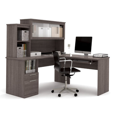 Modern Bark Gray L-shaped Desk and Hutch with Frosted Glass Doors