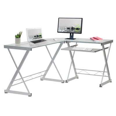 62" Glass L-Shaped Desk with Keyboard Tray