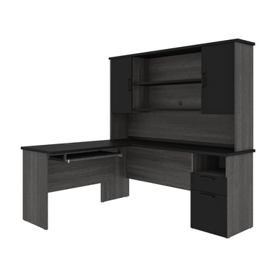 Bark Gray & Black Modern L-shaped Desk with Hutch