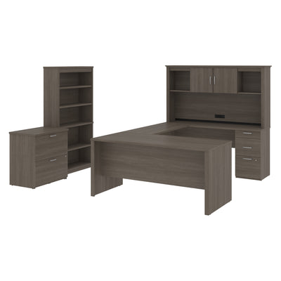 66" U- or L-Shaped Desk Set with File & Bookcase in Bark Gray
