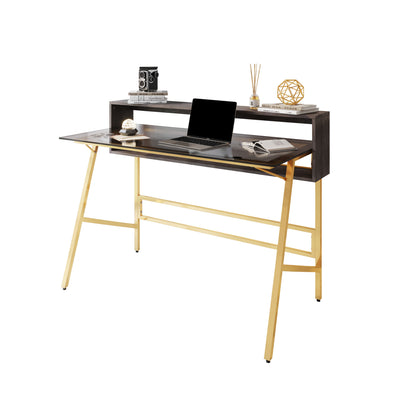 47" Glass and Gold Desk with Raised Shelf