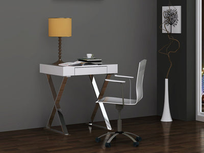 27" Modern White Lacquer & Stainless Steel Office Desk