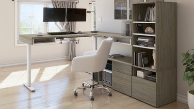88" L-Shaped Modern Adjustable Walnut Gray Desk with Twin Monitor Arms