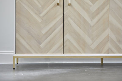 71" Herringbone & White Storage Credenza with Brushed Brass Accents