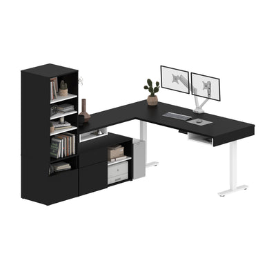 Set of Two 88" L-Shaped Adjustable Black & White Desks with Twin Monitor Arms