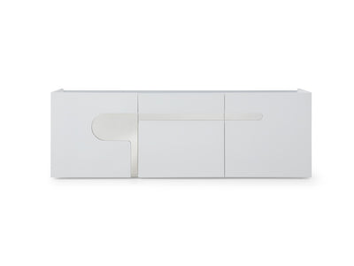 89" Modern White Lacquer Storage Credenza with Polished Stainless Accents