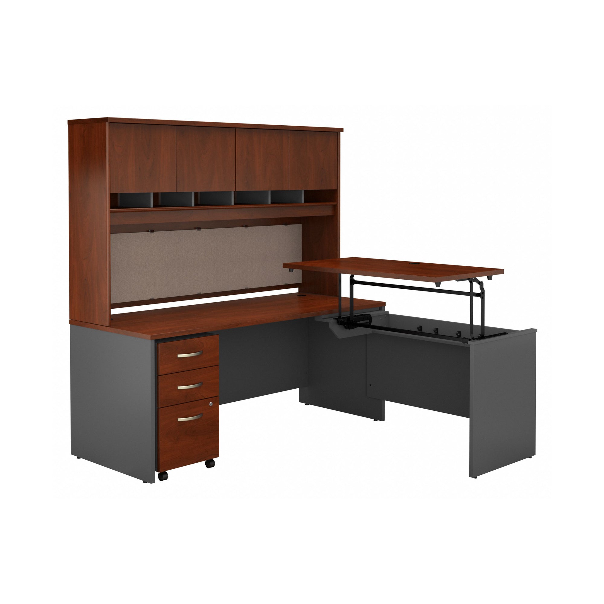 72" x 72" Cherry/Gray L-Shaped Desk with Hutch and Sit/Stand Return