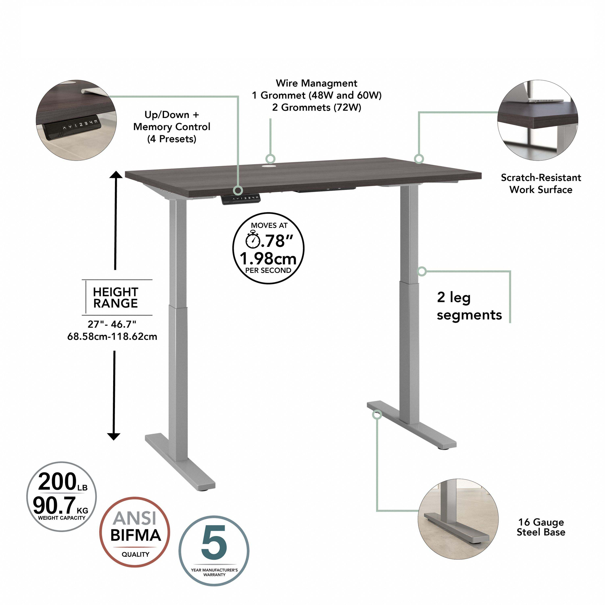 72" Modern Standing Office Desk in Storm Gray with Metallic Base