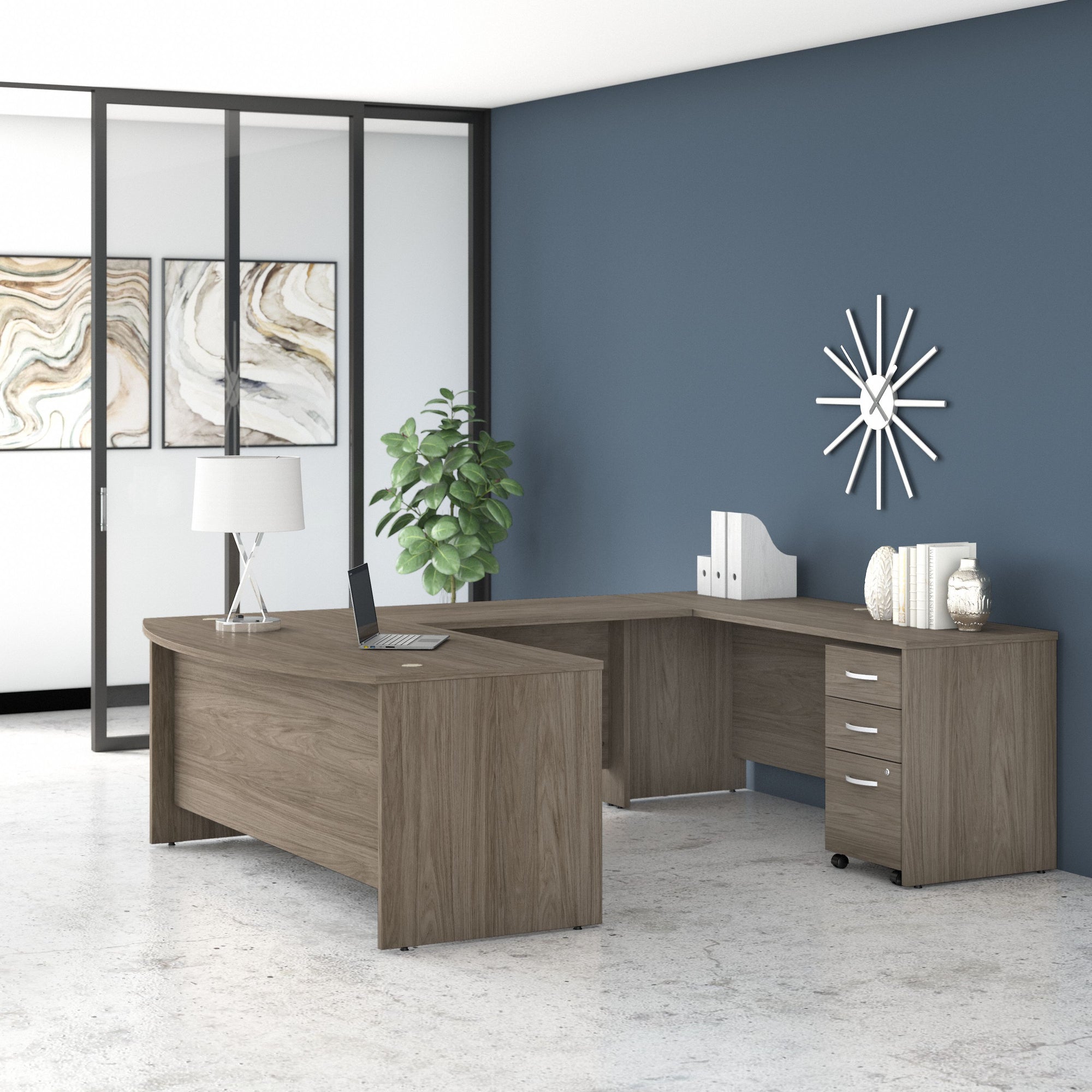 Modern Hickory 72" U-Shaped Desk with Mobile Pedestal