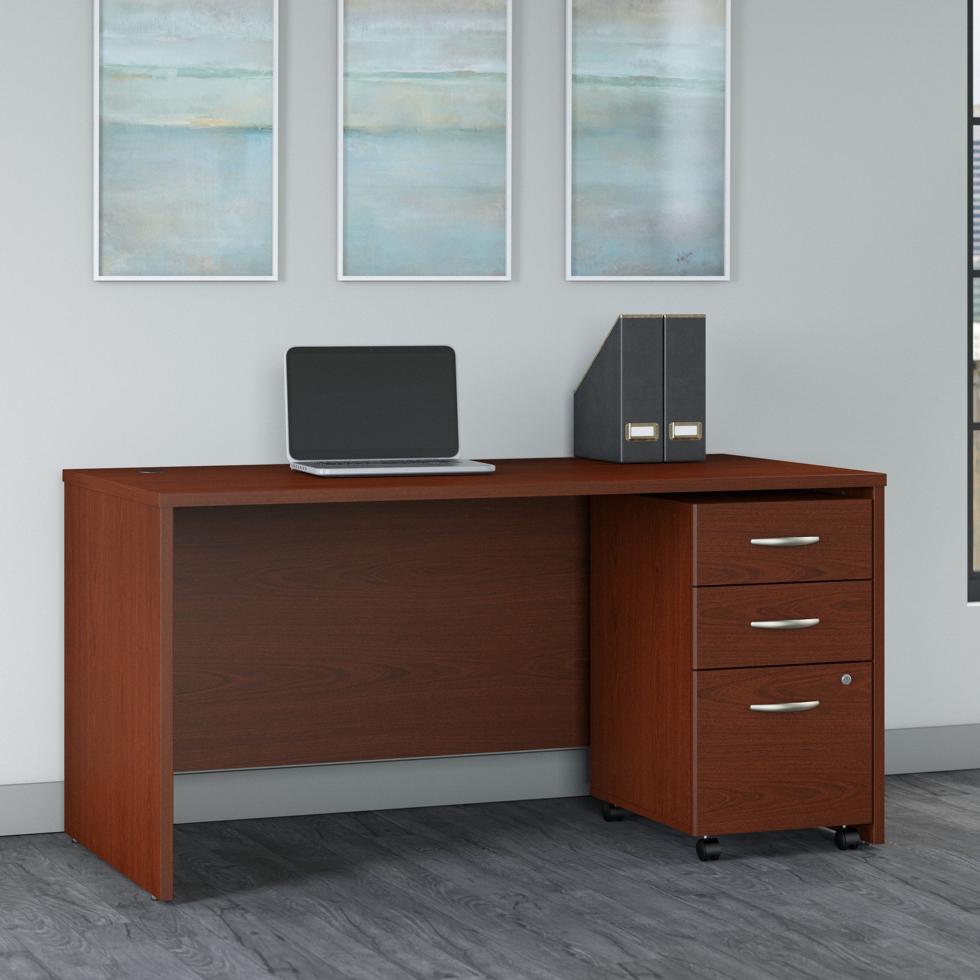 Premium Mahogany 60" Modern Office Desk with 3-Drawer Mobile Pedestal
