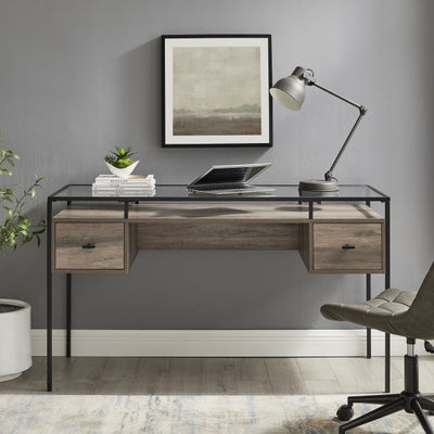 56" Gray Woodgrain Executive Desk with Glass Top & Side Drawers