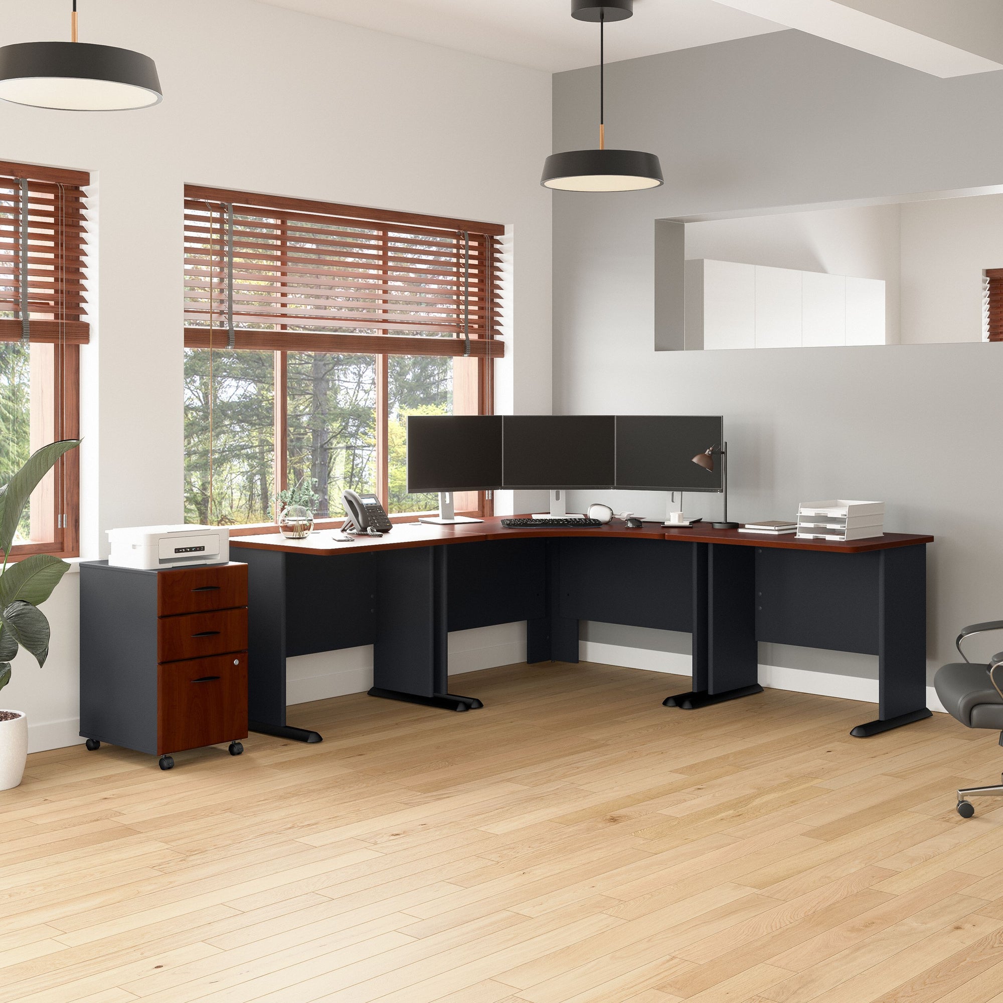 48" Modern Corner Desk with 2 Returns and Mobile Pedestal in Cherry/Galaxy