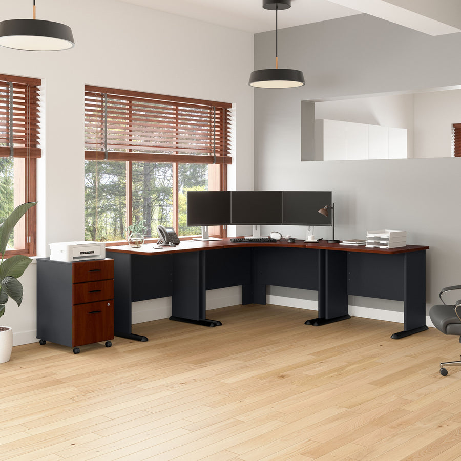 48" Modern Corner Desk with 2 Returns and Mobile Pedestal in Cherry/Galaxy