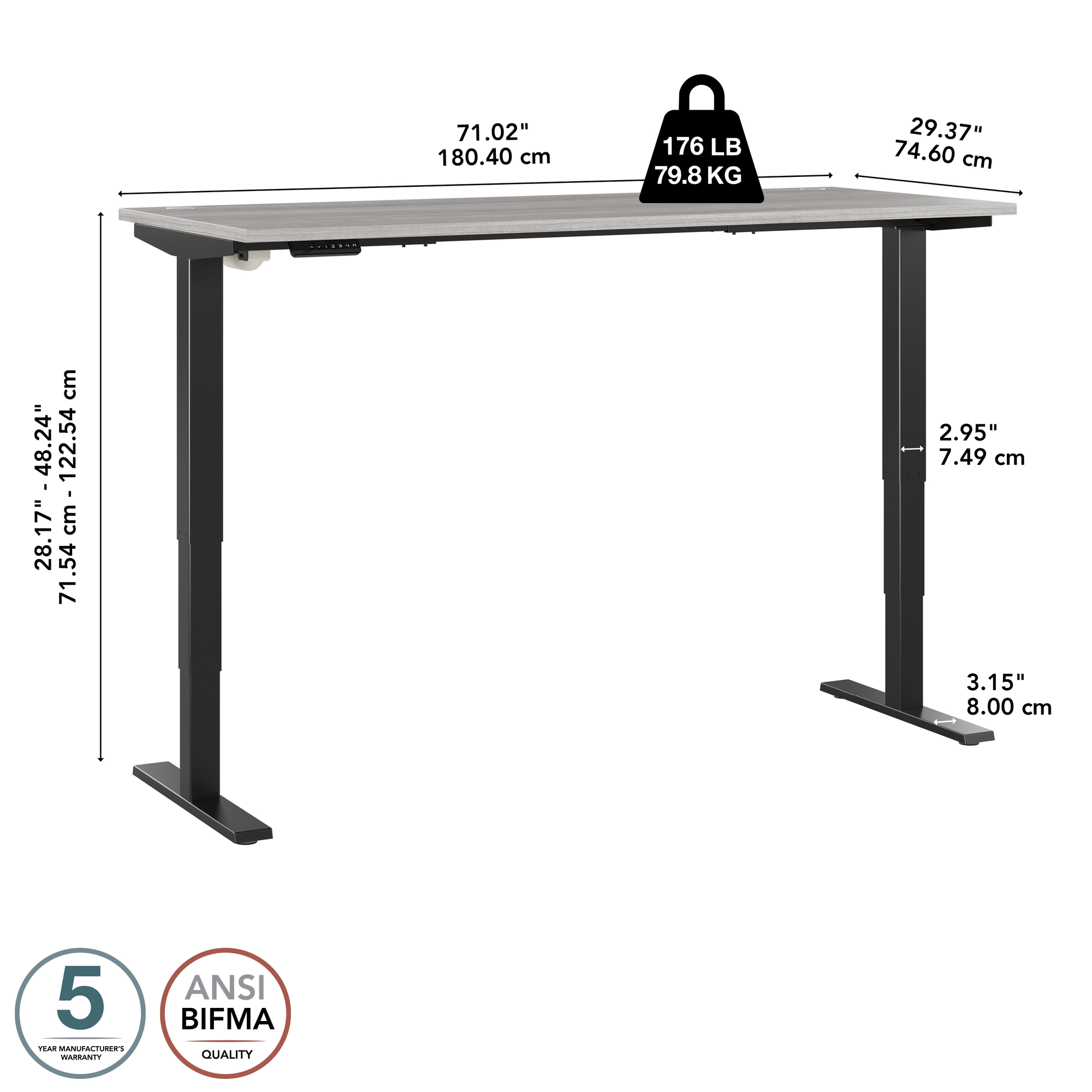 72" Large Modern Standing Office Desk in Platinum Gray with Black Base