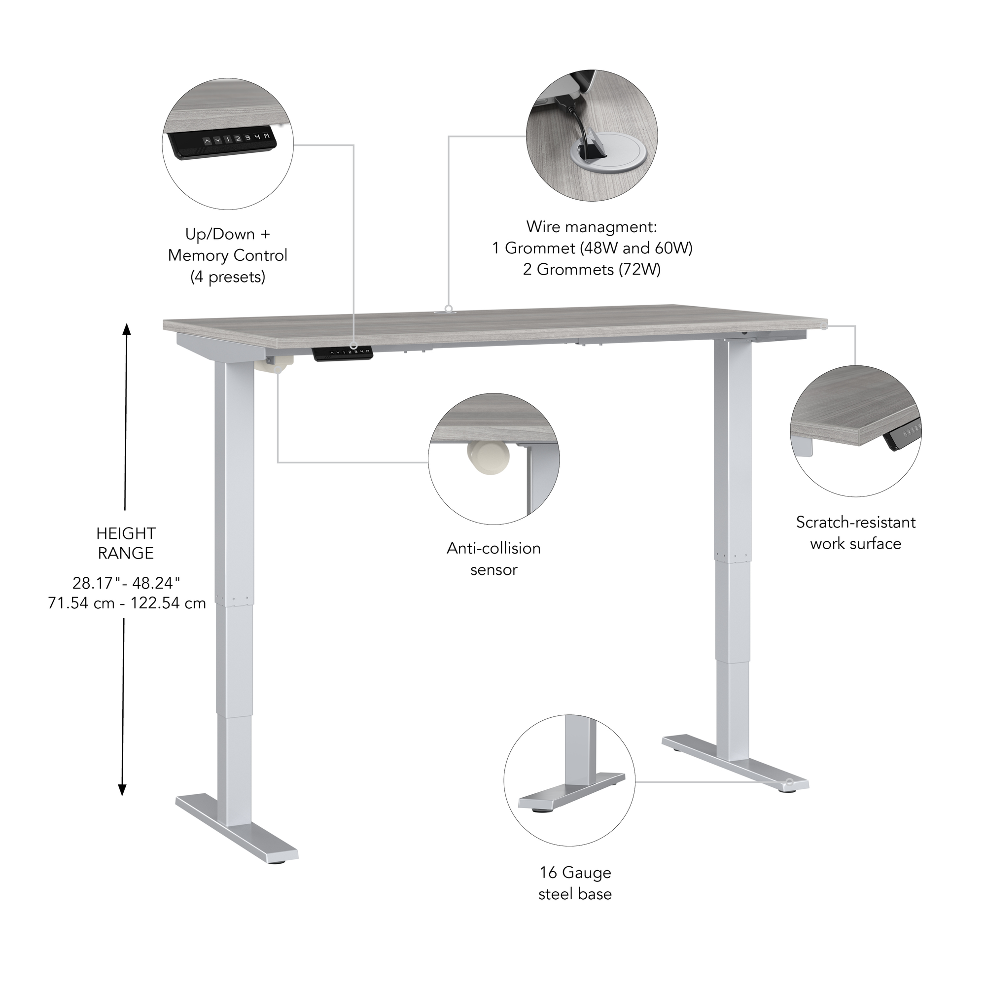 72" Large Modern Standing Office Desk in Platinum Gray with Metallic Base