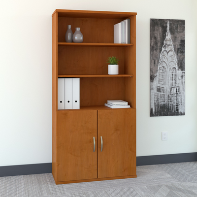 36" Tall Modern Bookcase with Doors in Natural Cherry/Graphite Gray