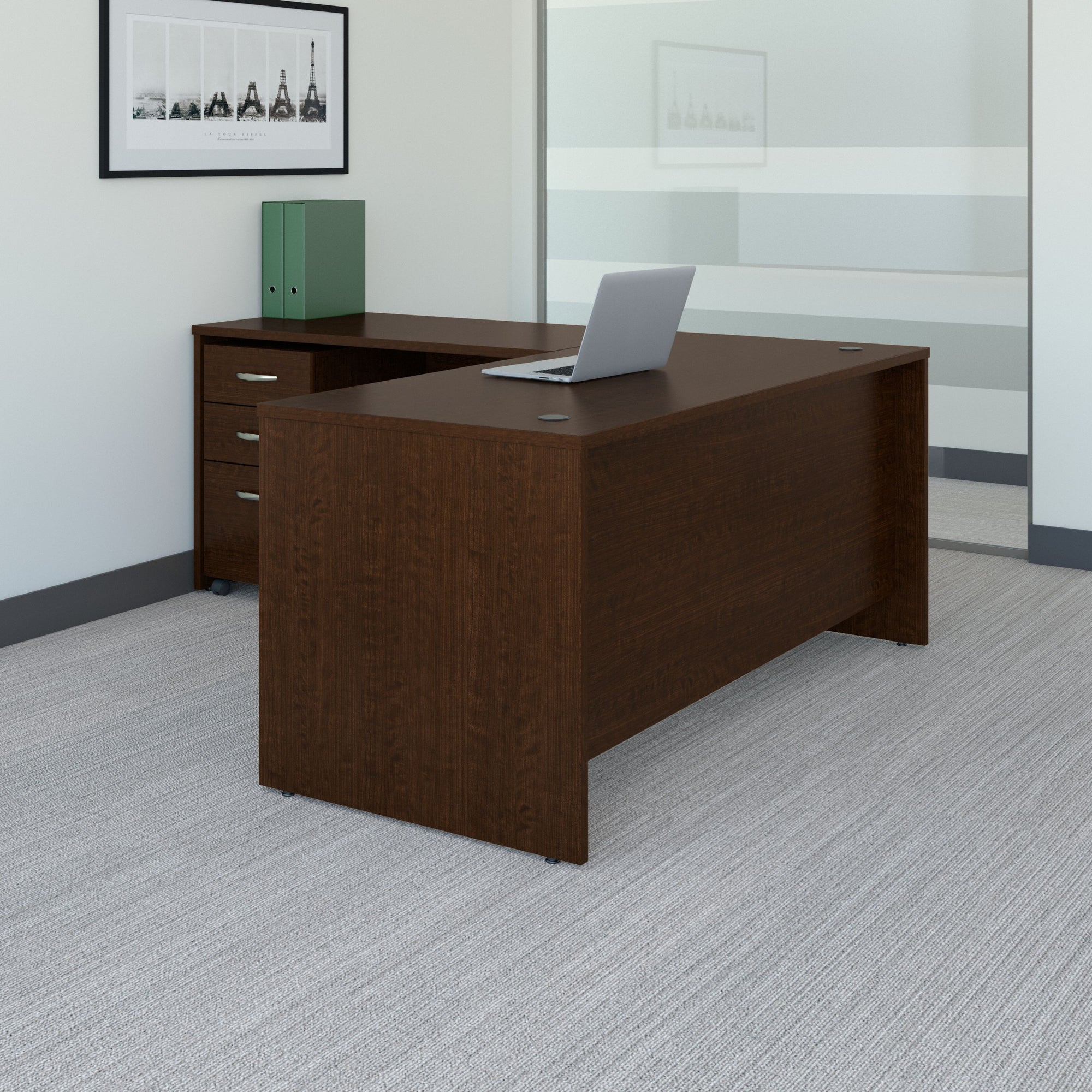 66" X 77" Modern L-shaped Desk with 3-Drawer Mobile Pedestal in Mocha Cherry