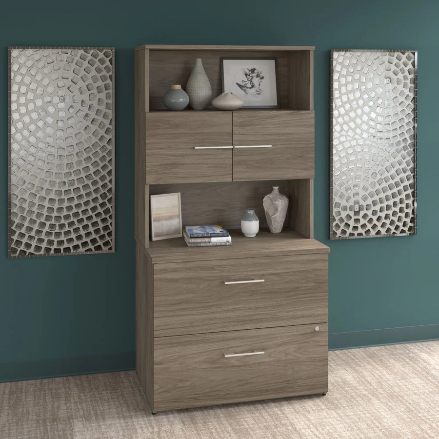 Modern Hickory Lateral File Cabinet with Hutch