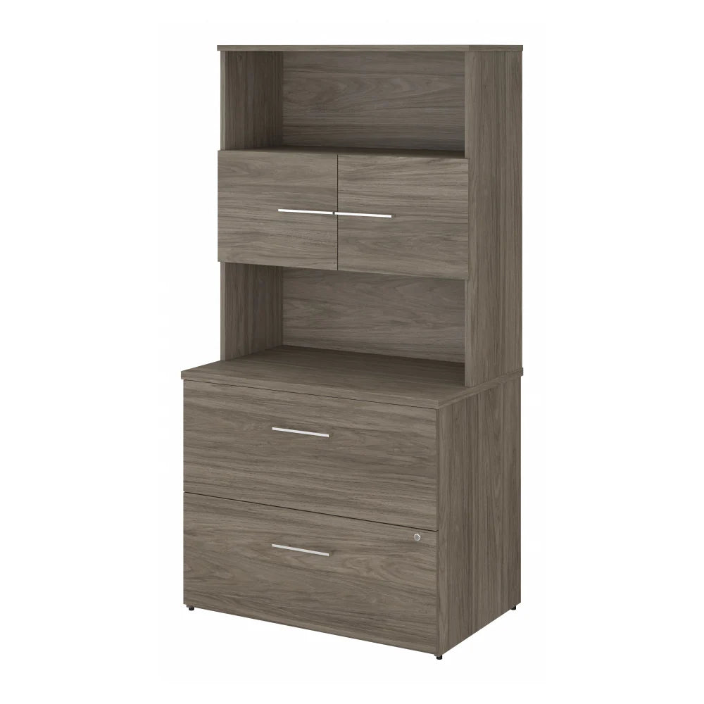 Modern Hickory Lateral File Cabinet with Hutch
