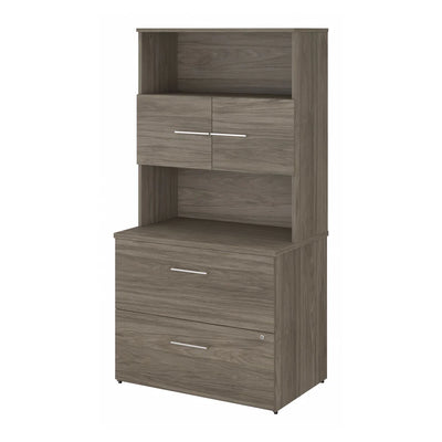 Modern Hickory Lateral File Cabinet with Hutch