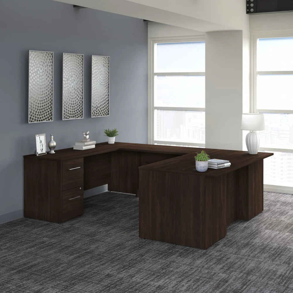 72" Black Walnut Breakfront U-Shaped Executive Desk