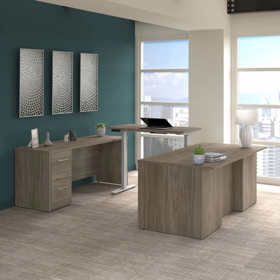 72" Modern Hickory U-Shaped Executive Desk with Height Adjustable Bridge