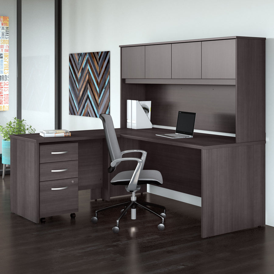 72" x 72" Modern L-Shaped Desk with Hutch & Mobile File in Storm Gray