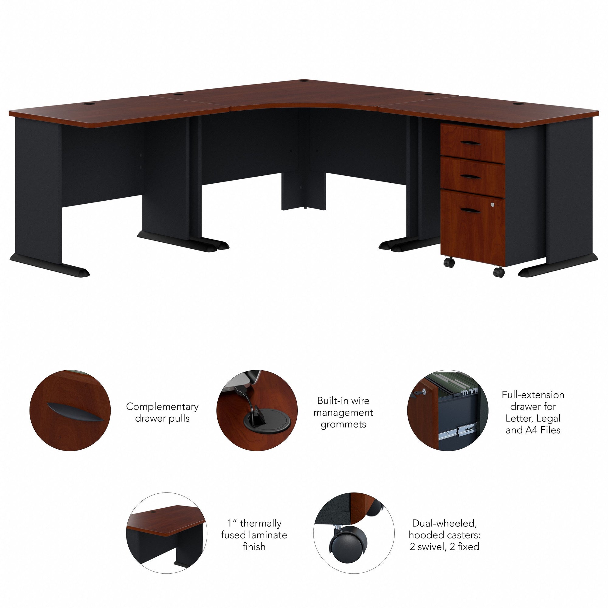 48" Modern Corner Desk with 2 Returns and Mobile Pedestal in Cherry/Galaxy