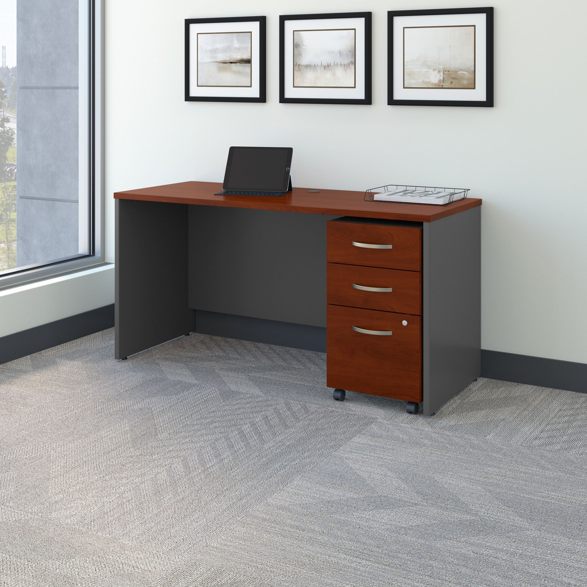 60" Modern Office Desk with Mobile Pedestal in Hansen Cherry