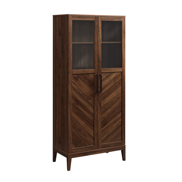 68" Dark Walnut Cabinet/Bookshelf with Chevron-Patterned Doors