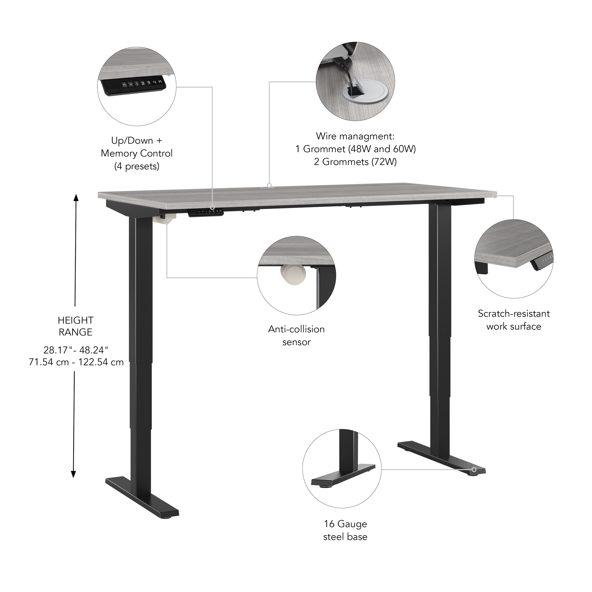 72" Large Modern Standing Office Desk in Platinum Gray with Black Base