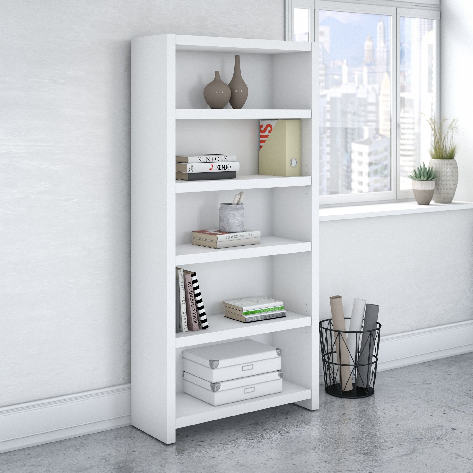 56" Modern Office Bookcase Desk in Pure White