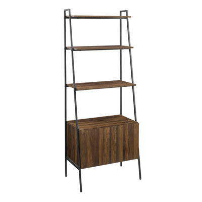 72" Dark Walnut & Metal Ladder Bookcase with Cabinet