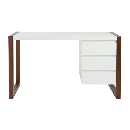 Compact white office desk with storage compartments and ergonomic design