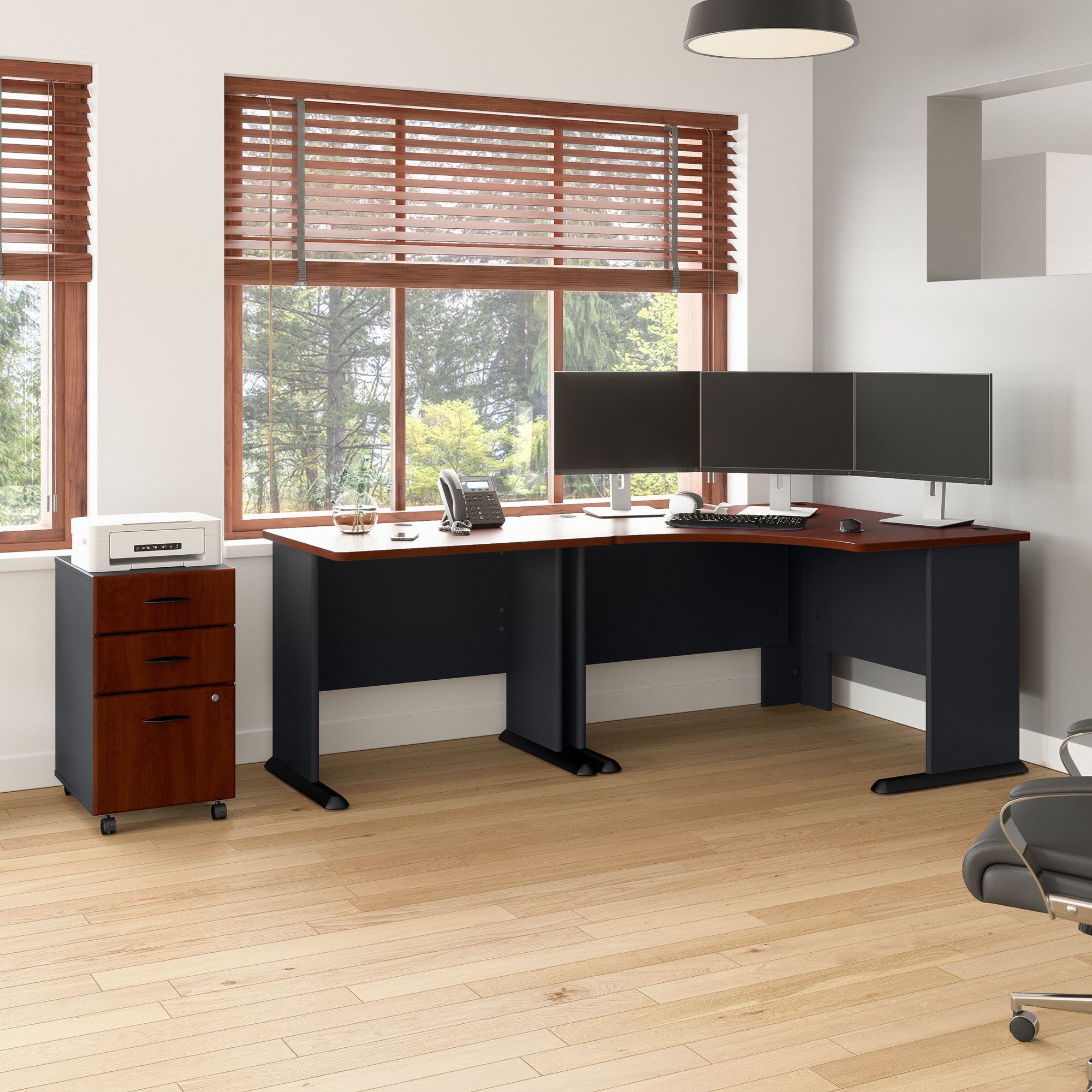 48" Corner Office Desk with Return and Mobile Pedestal in Hansen Cherry