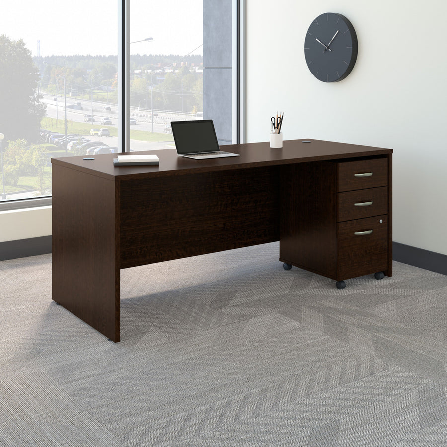 72" Office Desk with 3-Drawer Mobile Pedestal in Mocha Cherry