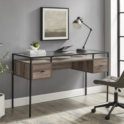 56" Gray Woodgrain Executive Desk with Glass Top & Side Drawers