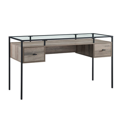 56" Gray Woodgrain Executive Desk with Glass Top & Side Drawers