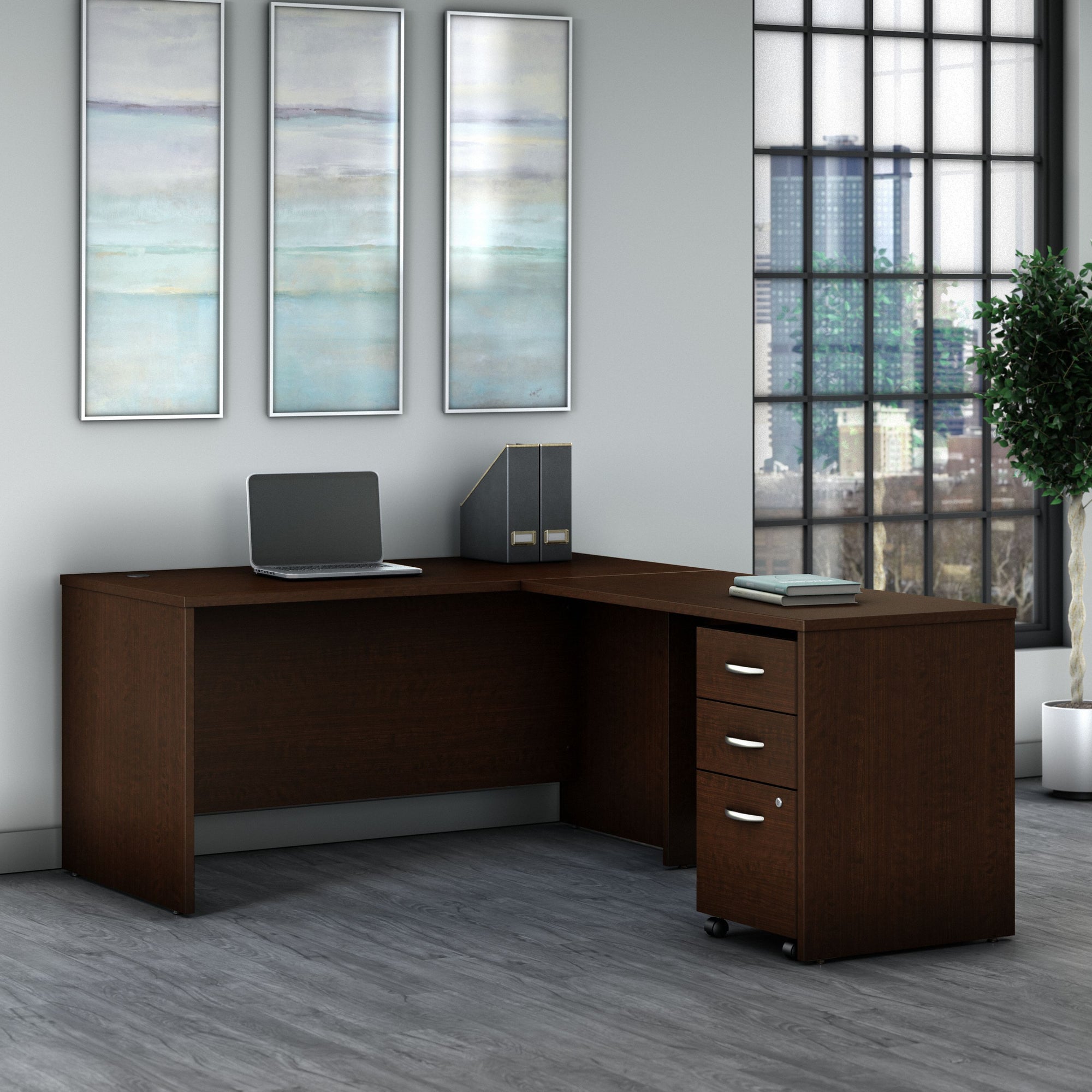 Mocha Cherry L-Shaped Premium Desk with Mobile Pedestal