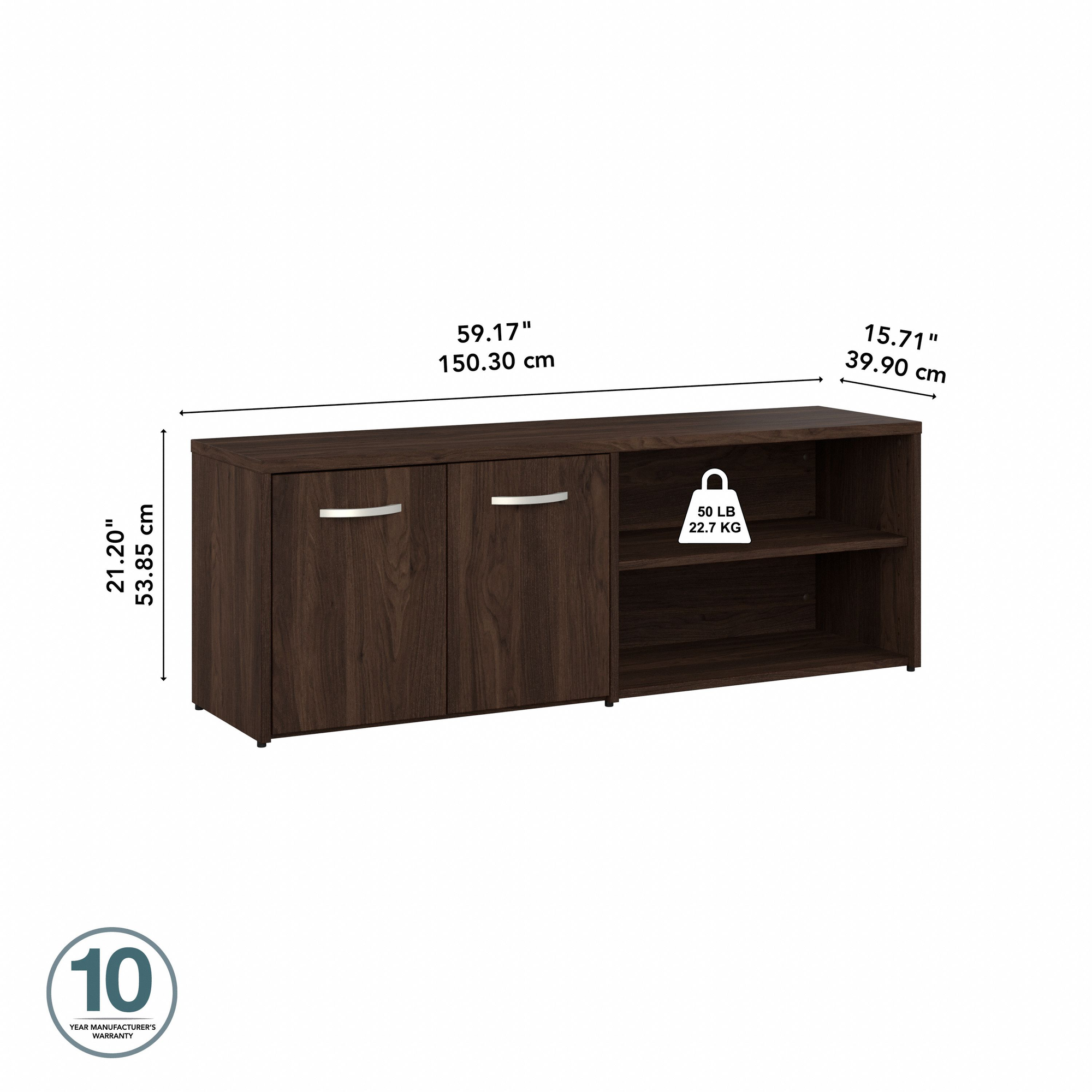 60" Low Modern Credenza with Doors and Shelves in Black Walnut