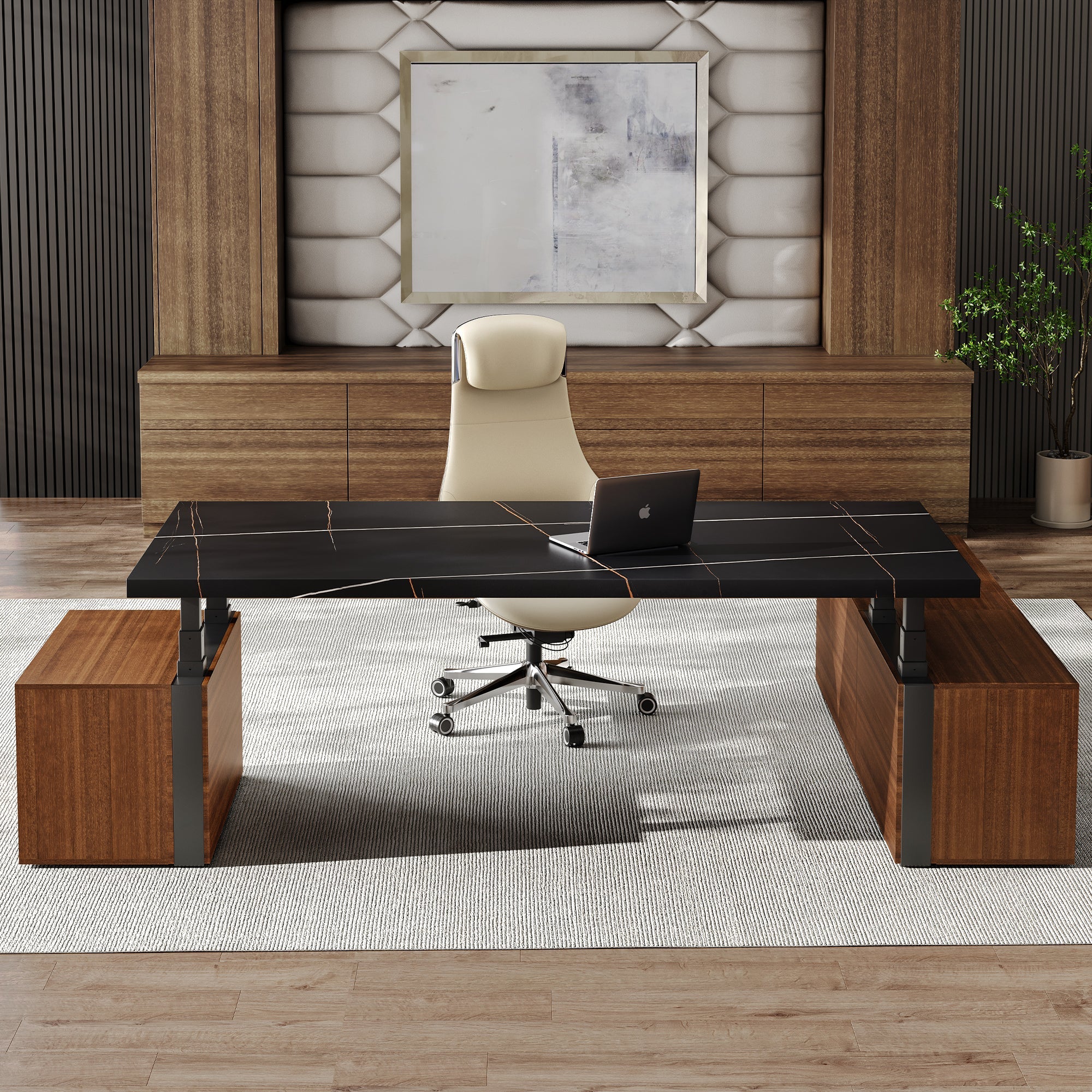 Zen Pro executive standing desk with black sintered stone top and wood storage cabinets in a modern office