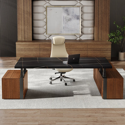 Zen Pro executive standing desk with black sintered stone top and wood storage cabinets in a modern office