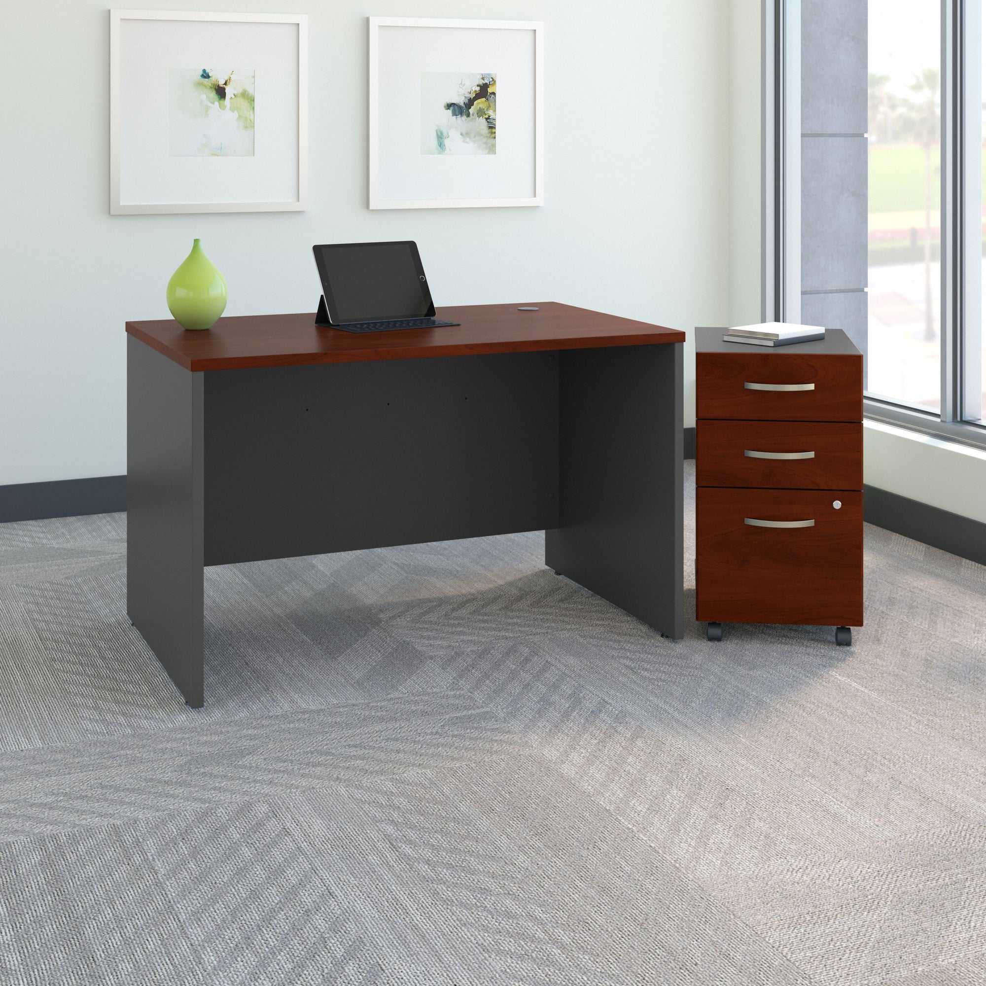 Hansen Cherry 48" Modern Office Desk with Mobile Pedestal