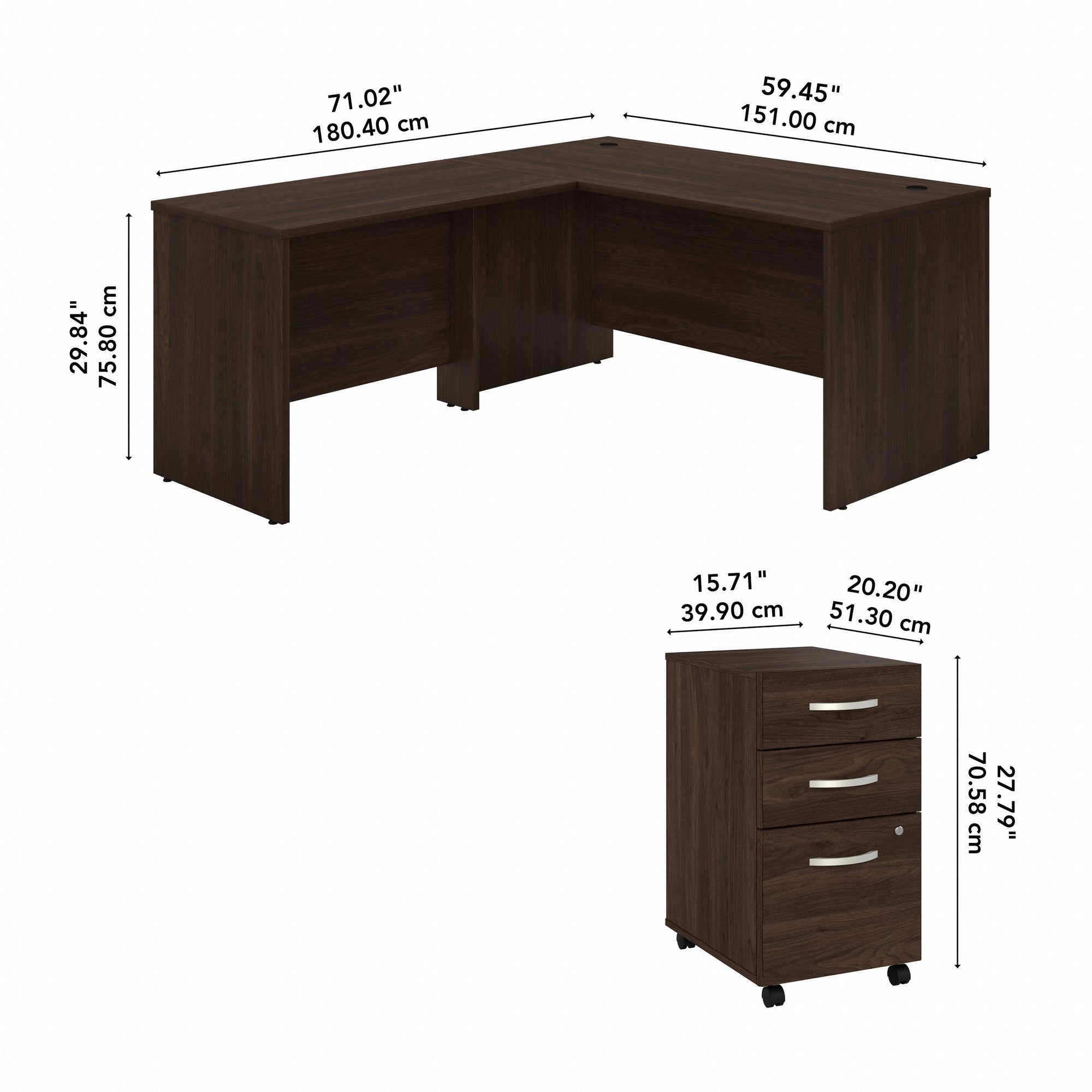 Black Walnut 60" x 72" L-Shaped Desk with Mobile Pedestal