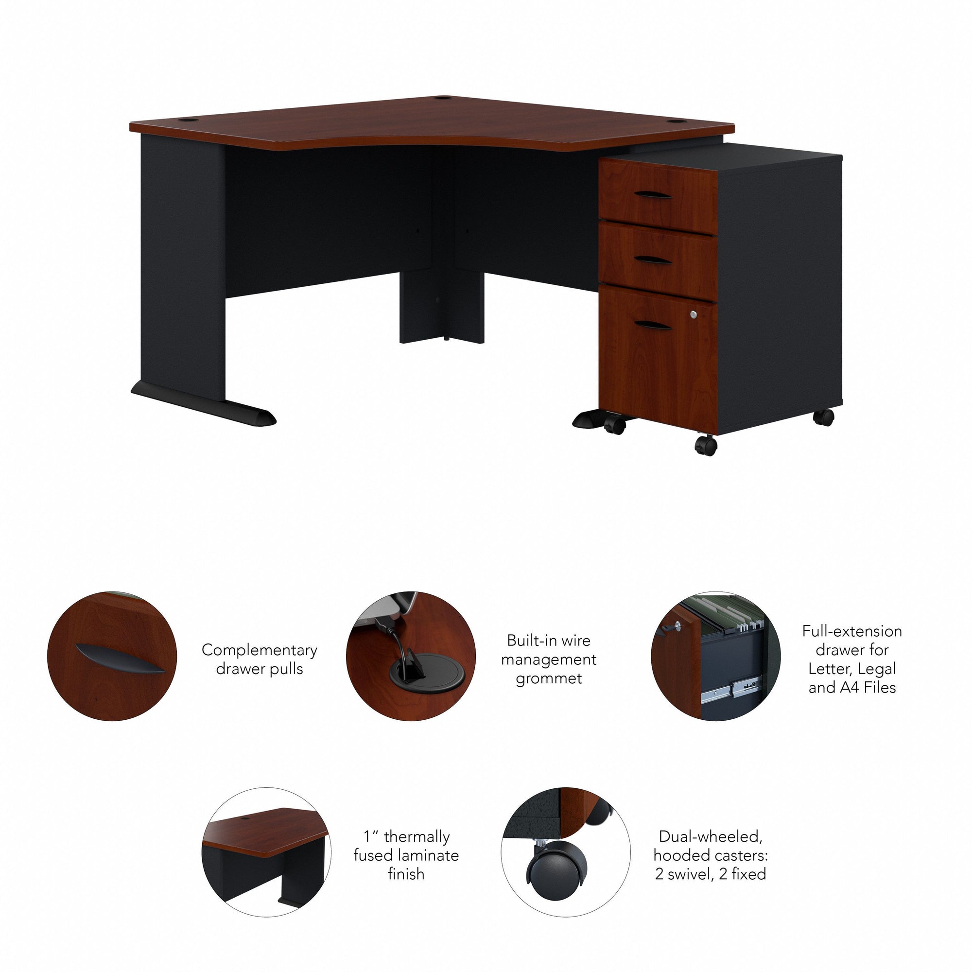 48" Modern Corner Desk with Mobile Pedestal in Hansen Cherry/Galaxy