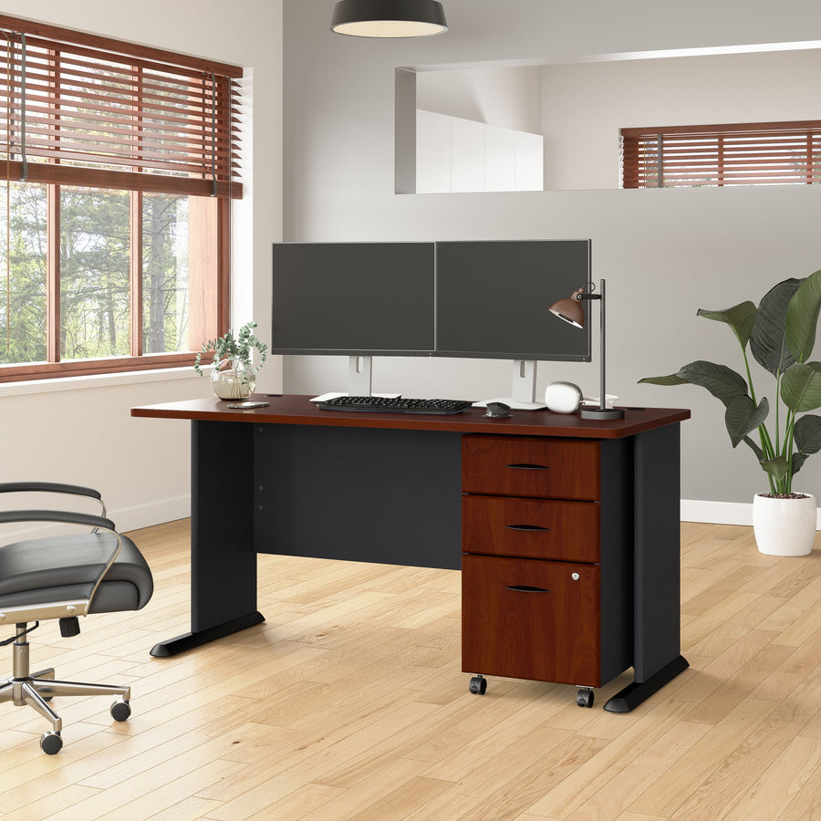 60" Office Desk with 3-Drawer Mobile Pedestal in Hansen Cherry