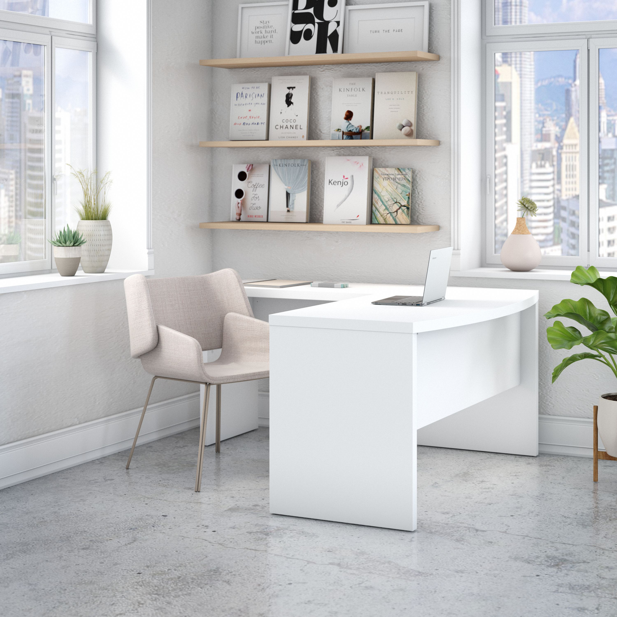 60" L-Shaped Modern Bow-Front Office Desk in Pure White