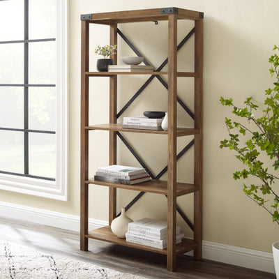 64" Rustic Oak Bookcase with X-Framing